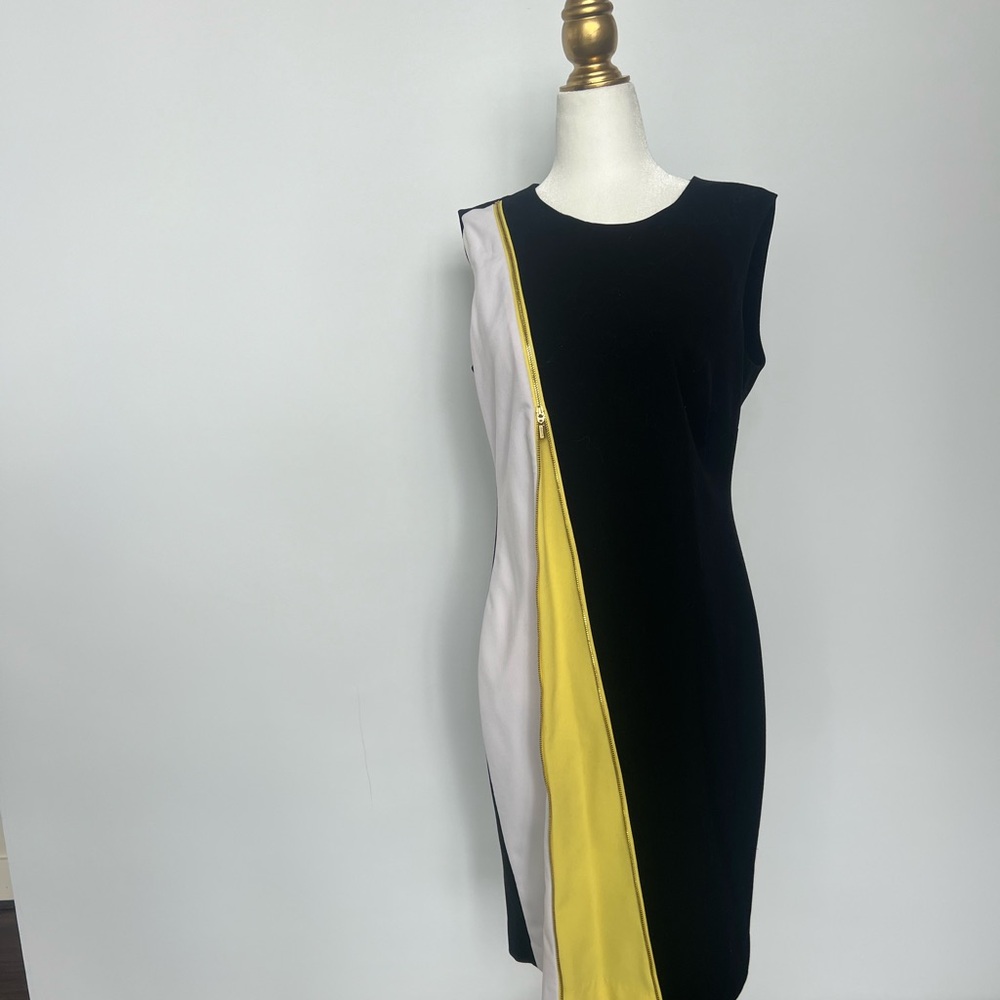 Colorblock Sleeveless Dress Calvin Klein - Black, White, and Yellow Zipper